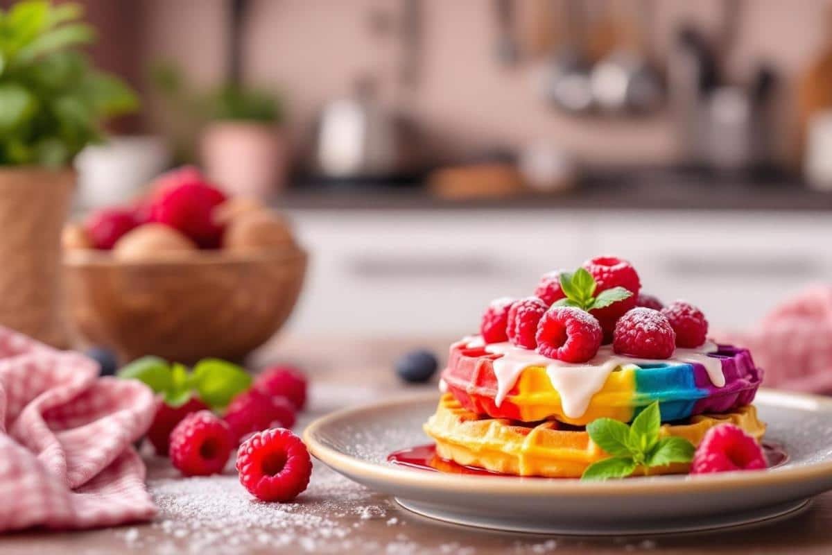 Recette gaufre arc en ciel framboise basilic